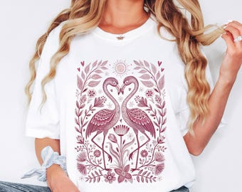 Flamingo Shirt Comfort Colours T-shirt Monochrome Pink Bird Lover Tshirt Hippy Clothes Antique Folk Art Avian Aviary Gift Block Print Tee