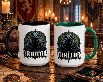 Traitors Mug | Black or Dark Green Ceramic Coffee Cup | Traitor Gift | Mystery Game Mug | Colourful Rim Handle Inside