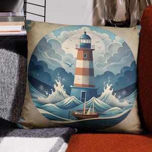Lighthouse Cushion Cover Seaside Pillow Case Beach Hut Scatter Cushion Nautical Home Decor Coastal Theme Furnishings 18X18 Inch (45X45 cm)