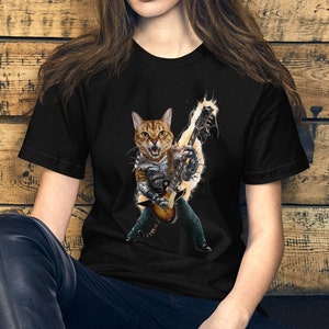 Funny Bengal Cat T-shirt Rock Cats Shirt Electric Guitar Tshirt Punk Cat Rocker Tee Cat Dad Gift Heavy Metal Cat Mum Cat Mom Top