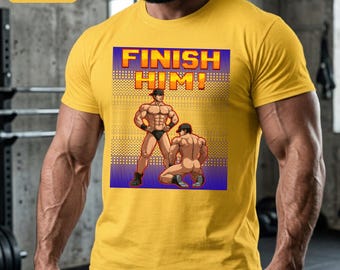 Finish Him Pixel Art T-shirt Retro Arcade Shirt 8 Bit Gaming Graphic Tee Funny Gay Culture Tshirt