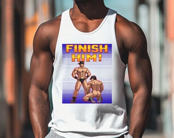 Canotta Finish Him Pixel Art, Gilet retrò arcade, Top 8 Bit Gaming Graphic, Maglietta senza maniche con grafica cultura gay