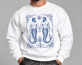 Gay Mermen Sweatshirt | Queer Mermaid Sweater | LGBTQ Ocean Fantasy Jumper | Vintage Nautical Art Top | Gay Couple Gift