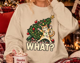 Funny Cat Christmas Sweatshirt, What Cat Sweater, Christmas Tree Jumper, Crazy Cat Lover Top, Festive Kitten Gift, Xmas Humour