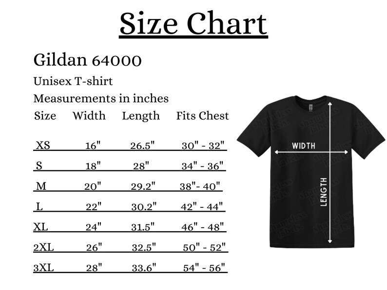 Op de afbeelding: Een maattabel voor een Gildan 64000 t-shirt, met een tabel voor maat, breedte, lengte en borstomvang in inches. Rechts toont een afbeelding van een zwart t-shirt met witte pijlen die aangeven waar de breedte en lengte worden gemeten.