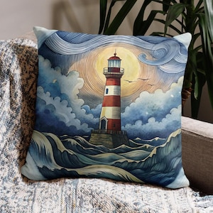 Lighthouse Cushion Cover Seaside Pillow Case Beach Hut Scatter Cushion Nautical Home Decor Coastal Theme Furnishings 18X18 Inch (45X45 cm)