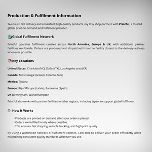 Op de afbeelding: Een informatiedocument getiteld Production & Fulfilment Information met details over een wereldwijd print-on-demand netwerk. Het noemt Printful als aanbieder, somt belangrijke locaties in Noord-Amerika, Europa en het VK op en legt het proces uit.