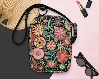 Floral Crossbody Bag Boho Chic Utility Bag For Her Arts & Crafts Floral Bold Flower Botanical Pattern Zip Travel Accessories Water Resistant