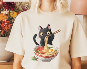 Ramen söt katt-T-shirt kattälskare present kawaii skjorta anime katt-T-shirt japansk tee foodies present till nudelälskare