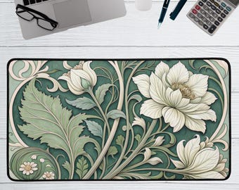 Art Nouveau Floral Desk Mat Sage Green Botanical Plant Mouse Mat Green Office Decor Elegant Flower Workspace Mat Large Keyboard Mat