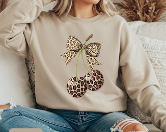 Leopard Print Cherry Sweatshirt Cherries With Coquette Bow Sweater Cheetah Print Bows Shirt Cherrycore Gift For Women
