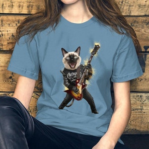 Funny Siamese Cat T-shirt Rock Cats Shirt Electric Guitar Tshirt Punk Cat Rocker Tee Cat Dad Gift Heavy Metal Cat Mum Cat Mom Top