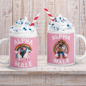 Funny Alpha Male Mug For Gay Man Unicorn Rainbow Cup Joke Gift For Stag Do Prank Gift For Men LGBT Pride Mug Gay Cowboy Ceramic Mug