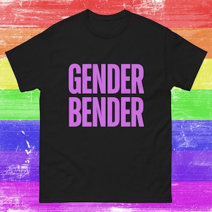 May include: Black t-shirt with the text "GENDER BENDER" in purple.