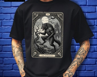 Werewolf Tarot T-shirt Gothic Horror Shirt Vintage Engraving Wolf Graphic Tshirt Dark Art Tee Witchy Gifts