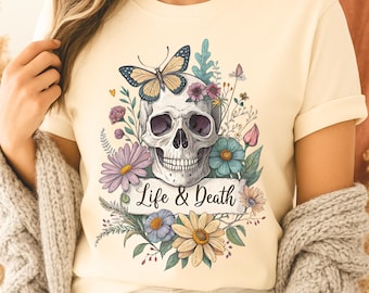 Camiseta con colores de confort de vida y muerte, camiseta con calaveras de flores, camiseta con calaveras florales, camiseta de esqueleto, camiseta gótica, regalo bohemio para ella