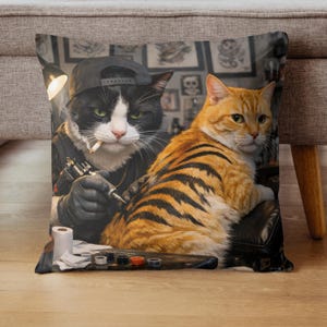 Funny Cat Cushion Cover 18x18 Inch Tattoo Parlour Cats Pillow Case Tiger Animal Print Decor