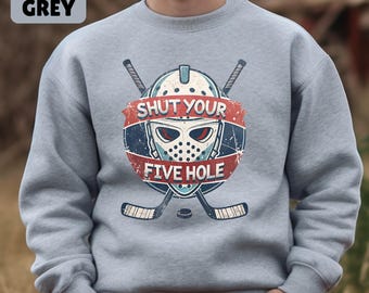 Funny Ice Hockey Sweatshirt Ice Hockey Goalie Sweater Hockey Goaltender Mask Jumper Grunge Five Hole Top For Hockey Fans And Players