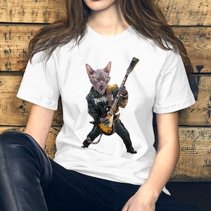 Funny Sphynx Cat T-shirt Rock Cats Shirt Electric Guitar Tshirt Punk Cat Rocker Tee Cat Dad Gift Heavy Metal Cat Mum Cat Mom Top
