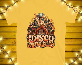 Mens Retro Disco T-shirt | Disco Never Left Me Shirt | 70s Disco Queen Tee | Vintage Music Tshirt | Funky Disco Party Top | Music Lover Gift