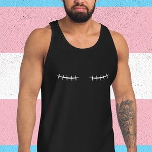 May include: A black tank top with a white stitched design on the front. The design resembles two eyes with stitches.