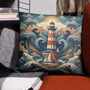 Lighthouse Cushion Cover Seaside Pillow Case Beach Hut Scatter Cushion Nautical Home Decor Coastal Theme Furnishings 18X18 Inch (45X45 cm)