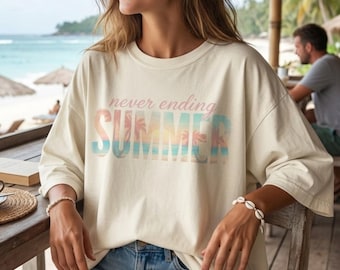 Never Ending Summer T-shirt Retro Beach Shirt Comfort Colours Vintage Sunset Palm Graphic Tee Beach Coverup Top