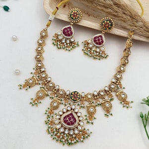 Fine Gold Plated Necklace / Antique Gold Plated Necklace / Bollywood Jewelry / Ethnic Jewelry / Kempstone Necklace / Necklace Set gift
