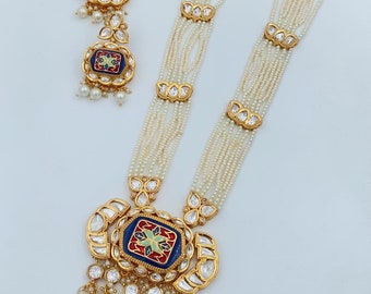 Fine Gold Plated Polki Meena Wedding Long Necklace | Indian jewelry/Designer Necklace /Bollywood Jewelry/Sabyasachi Jewelry/Gift For Her