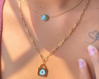 Layered Anti Tarnish Lock Shaped Evil Eye paperclip Chain Necklace-waterproof necklace-Minimalist Necklace-18K Gold Plated-Gift for her