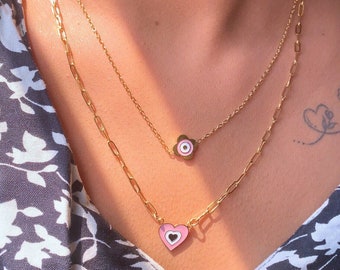 Double Layered  Heart Charm Non Tarnish Necklace, Waterproof , Minimalist Necklace-18K Gold Plated Necklace-Gift for her, Anniversary gift