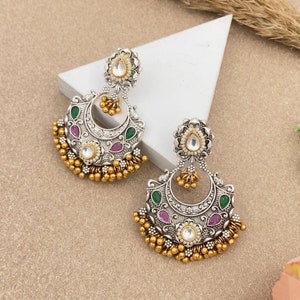 Oxidized Silver Jhumki, Indian Jewelry, Bollywood Jewelry, Oxidized jewelry, Afghani jewelry, boho Jewelry, Dual Tone Gold Silver Earrings