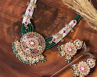 Indian Wedding Polki Diamond Necklace KempStone Multicolour Zirconium Diamond Statement Necklace Set Indian Bollywood Sabyasachi Necklace