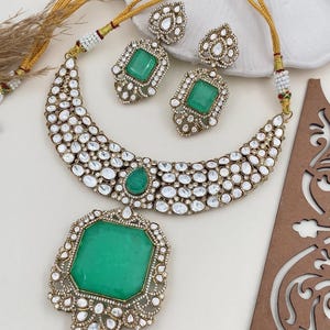 Sabyasachi Emerald AD Polki Kundan Finish Victorian Antique Multicolor Zirconium Diamond Statement Jewelry Set Bollywood Sabyasachi Jeweller