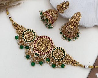 Gold South Indian Choker Necklace Temple Necklace Indian Jewelry Ethnic Jewelry Kemp stone Necklace  Set Lakshmi Necklace Wedding Set gift