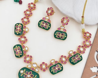 Gold Plated Meenakari Necklace, Bridal Gold Plated Necklace, Kundan Meenakari Necklace, Ethnic Jewellery, Indian Bridal Jewelry,Gift For Her