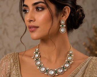 Fine Royal Green Stone Polki AD Bride necklace |Fusion Sabyasachi Jewelry | Pakistani jewelry| Indian Jewelry | Gift for her |Bridal jewelry