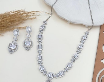 Collar de diamantes americanos bañado en plata, conjunto de joyas para novias, collar de boda con diamantes americanos, joyería perfecta para novias, collar de boda con anuncio