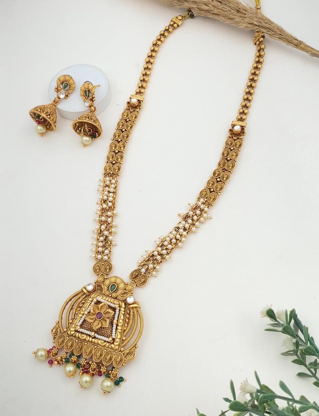 Pearl and Antique Gold Collar-Length Necklace with Indian Coin 245e