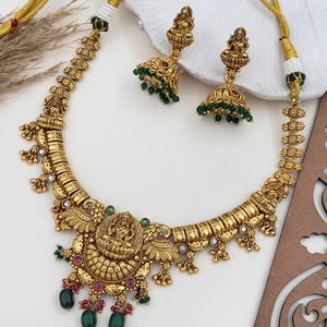 Antique Temple Lakshmi Haram-Temple Jewelry-Necklace jhumki set-Wedding Jewelry-Jewelry set-South Indian jewelry-Indian jewelry-Gift For Her