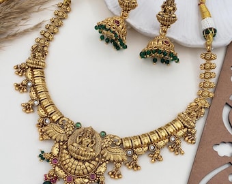 Antique Temple Lakshmi Haram-Temple Jewelry-Necklace jhumki set-Wedding Jewelry-Jewelry set-South Indian jewelry-Indian jewelry-Gift For Her