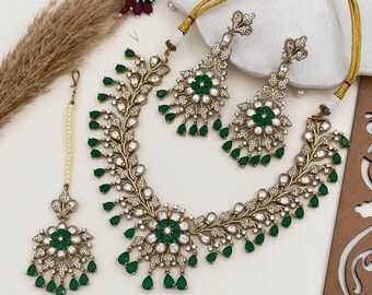 Sabyasachi Victorian Emerald Fusion Uncut  Polki Studded Choker | Sabyasachi necklace jewelry set | Pakistani Jewelry |Gift for her |Bride