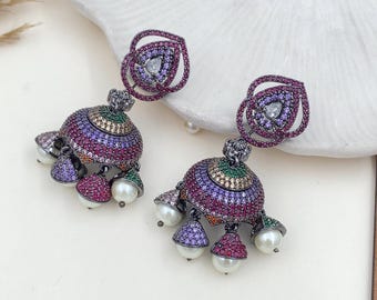 Multicolor Jhumka Earrings | Victorian Style, American Diamonds & Mother of Pearl