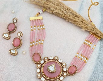 Victorian Pink Kundan Choker/Indian Jewelry/Indian Necklace/Indian Choker/Indian Wedding Necklace Set/Pakistani Jewelry/Sabyasachi Choker