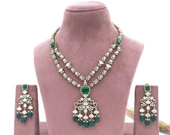 Conjunto de collar largo victoriano de doble capa con moissanita polki / Collar verde esmeralda / Conjunto de collar pakistaní / Collar llamativo de primera calidad
