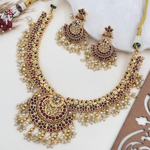 South indian Gold Plated Necklace Antique Gold Plated Necklace Bollywood Jewelry Ethnic Jewelry Kempstone Necklace Temple Necklace Set