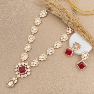 Red Stone Moissanite Necklace: Kundan Indian Jewelry | tyaani jewelry | gift for her | polki necklace | gift for wife |