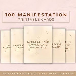 100 manifestatiekaarten, afdrukbare bevestiging, bemoedigende notities, vision board printables, mindfulness citaten, cadeau voor spirituele vriend