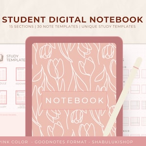 Puede incluir: Cuaderno digital rosa con un diseño floral y el texto "STUDY TEMPLATE", "SCHEDULE", "ASSIGNMENT", "VOCABULARY", "CLASS OVERVIEW", "NOTEBOOK", "PINK COLOR", "GOODNOTES FORMAT", "SHABULUKISHOP" y "NED".