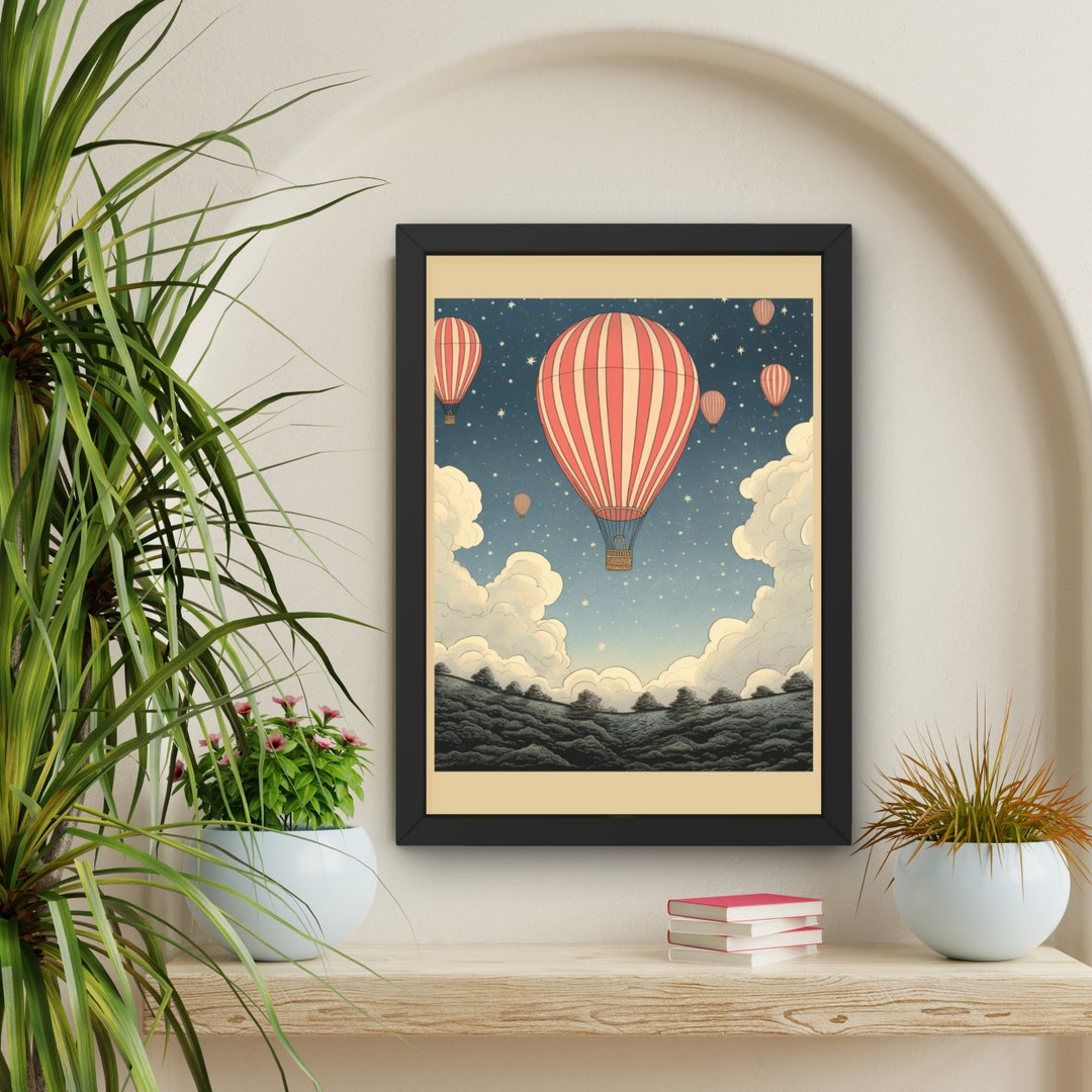 Whimsical Hot Air Balloon Poster | Vintage Dreamy Night Sky Print ...